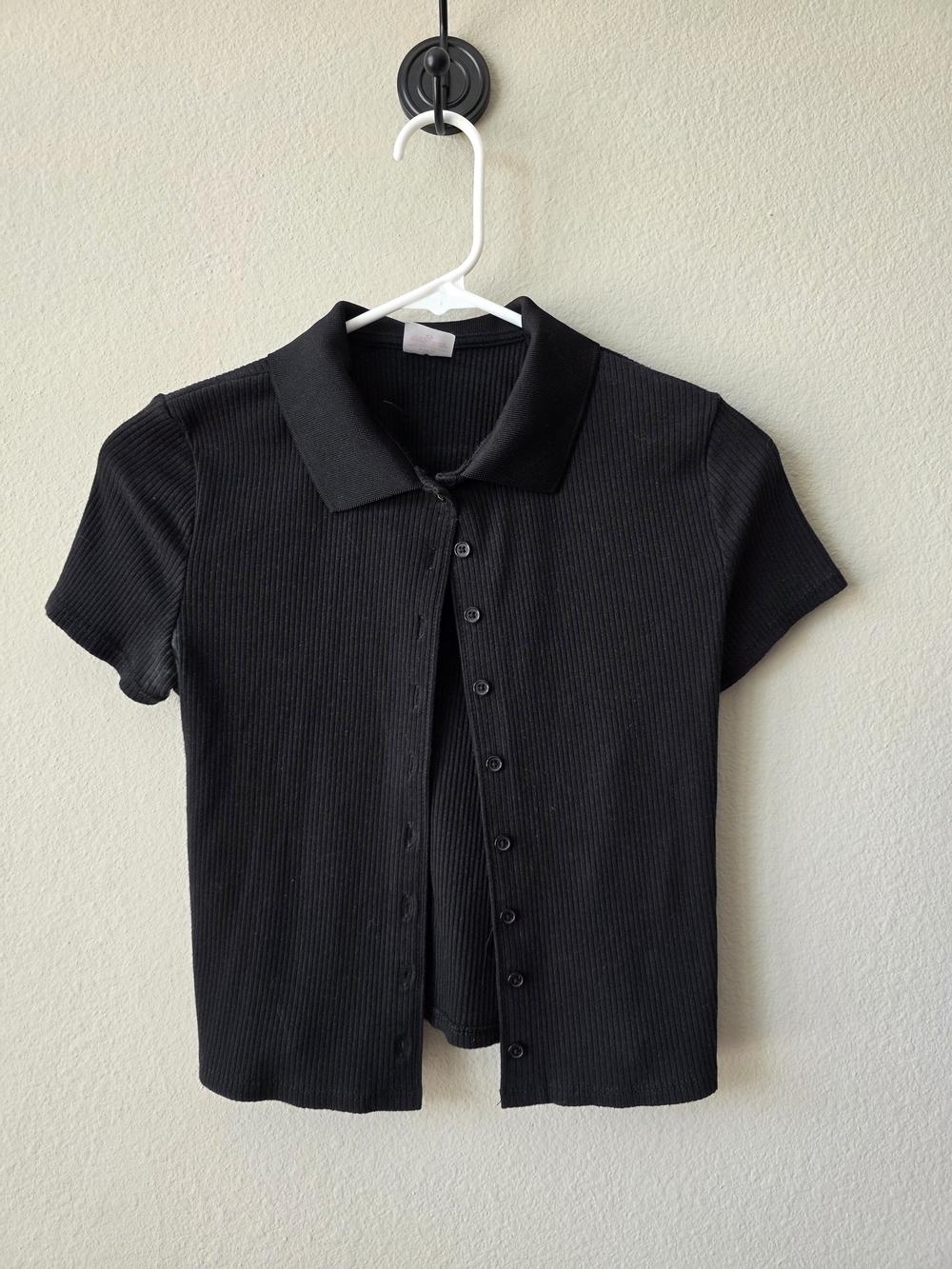 Black Ribbed Polo Button-Front Shirt